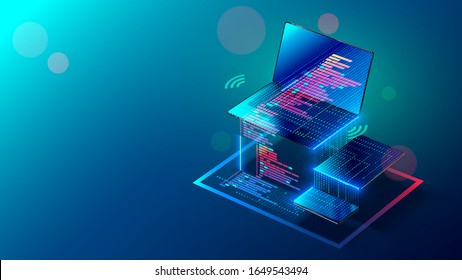 Programming, testing app on different devices. Creation software and coding internet pages for laptop, tablet, phone. Isometric. Development responsive web applications. Code of mobile website.