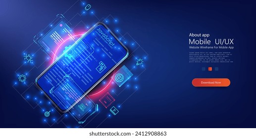 Programming, testing cross platform code on smartphone, Web design. Software mobile app download landing or software development coding process concept. Vector illustration