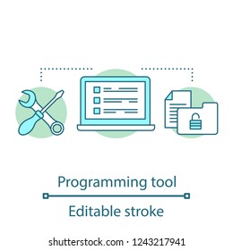 Programming tool concept icon. Settings and options. Errors, problems fixing. Technical support. Service center idea thin line illustration. Vector isolated outline drawing. Editable stroke