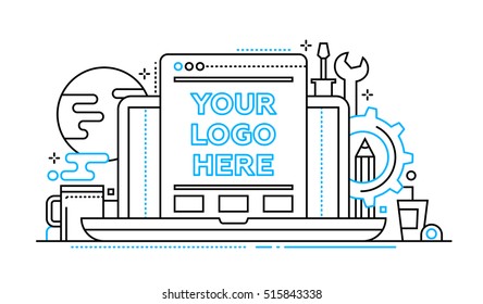 Programming Tools - vector modern line flat design illustration with copyspace for Your Logo. Laptop, web page, work place