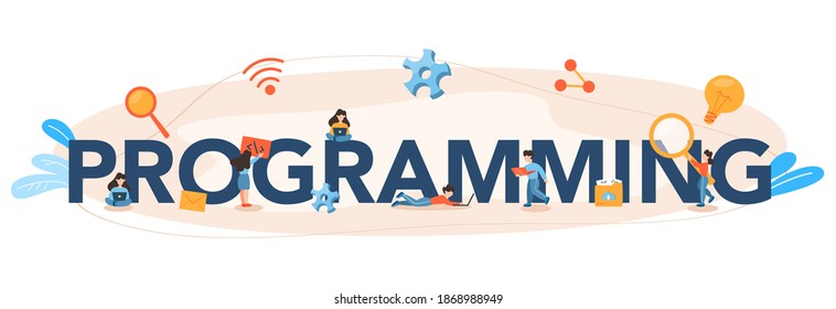 Programming typographic header. Idea of working on the computer, coding, testing and writing program. Website development . Isolated vector illustration