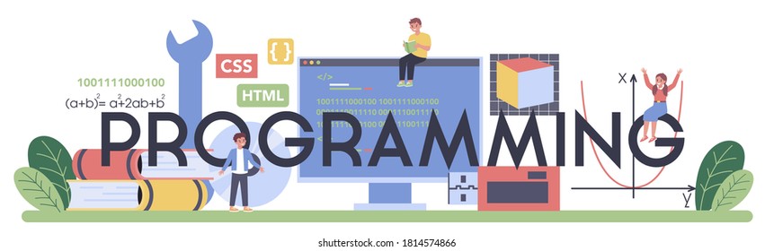 Programming typographic header. Student write software and create code for computer. Coding script for project and app. Digital technology for website, interface and devices. Vector illustration.