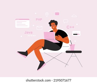 Programming vector concept with geek boy working laptop. Student study web language, java script or php. Man IT developer or programmer, freelancer character