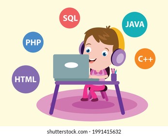 Programming vector concept. Little boy learn to programming laptop computer