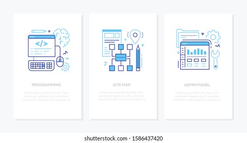 Programming - Vector Line Design Style Banners Set With Place For Text. Coding, Site Map, Admin Panel Ideas. Linear Illustrations With Icons. Images Of Computer Monitor, Keypad, Web Page And Tools