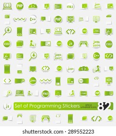 programming vector sticker icons with shadow. Paper cut
