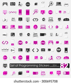 programming vector sticker icons with shadow. Paper cut