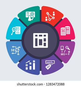 programming vector template for infographics. Business concept with 9 options, steps, parts, segments. Banner infographic cycling diagram, round chart, Sitemap, Simulation, Sharing, Server icons