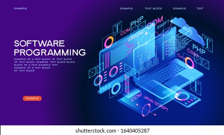 Banner web de programación. Los mejores lenguajes de programación. Proceso tecnológico de desarrollo de software