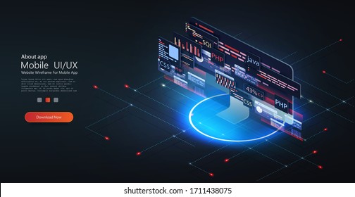 Programming web banner. Best programming languages. Web application,  Technology  internet software, site development, program coding. Testing cross platform code. Modern isometric vector illustration