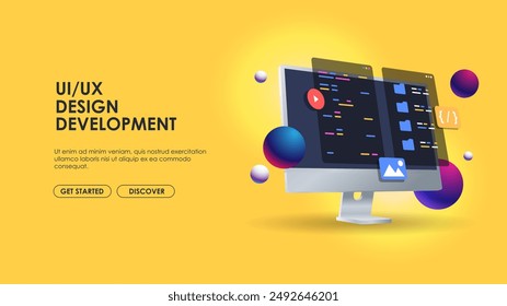 Programming web banner. Best programming languages. Social media creative concept idea. desktop computer. Screen. Realistic 3d design.