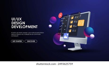 Programming web banner. Best programming languages. Social media creative concept idea. desktop computer. Screen. Realistic 3d design.