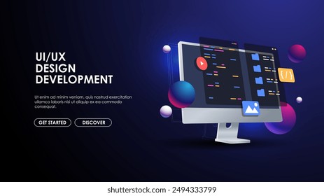 Programming web banner. Best programming languages. Social media creative concept idea. desktop computer. Screen. Realistic 3d design.