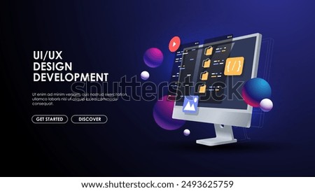 Programming web banner. Best programming languages. Social media creative concept idea. desktop computer. Screen. Realistic 3d design.
