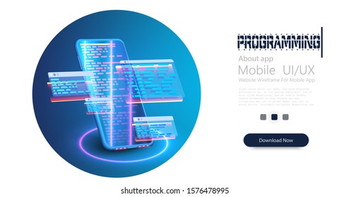 Programming web banner. Creation digital Software mobile, desktop platforms. Computer code on phone. Concept banner Best programming languages. Technology process of Software development. Vector