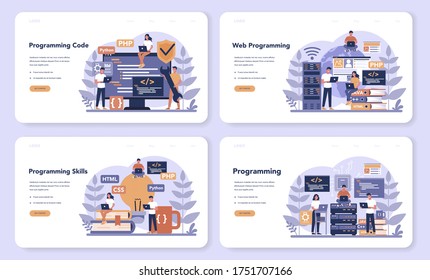 Programming web banner or landing page set. Idea of working on the computer, coding, testing and writing program, using internet and different software. Website development . Vector illustration