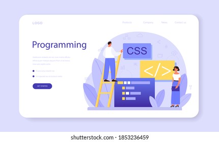 Programming web banner or landing page. Idea of working on the computer, coding, testing and writing program, using internet and different software. Isolated vector illustration