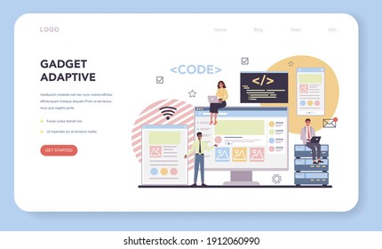 Programming web banner or landing page. Idea of working on the computer, coding, testing and writing program. Website front end and back end development. Isolated vector illustration