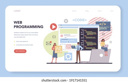 Programming web banner or landing page. Idea of working on the computer, coding, testing and writing program. Website front end and back end development. Isolated vector illustration