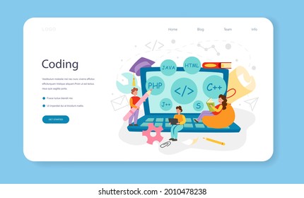 Programmieren von Web-Banner oder Landing-Page. IT-Ausbildung, Studierende, die eine Software und Programmierung-Anwendung schreiben. Entwicklung digitaler Technologien für die Website-Schnittstelle. Vektorflache Illustration.