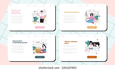 Programming web banner or landing page set. Coding, testing and writing programs and applications. Software setup, database optimization, verification system development. Flat vector illustration