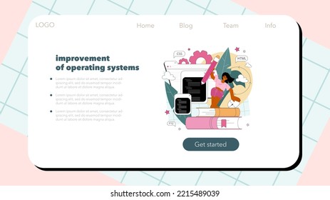 Programming web banner or landing page. Idea of coding, testing and writing programs and applications. Website front end and back end development and optimization. Flat vector illustration