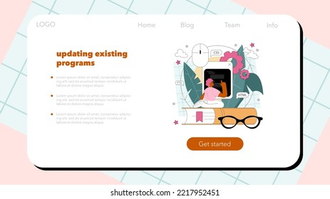 Programming web banner or landing page. Idea of coding, testing and writing programs and applications. Website front end and back end development and optimization. Flat vector illustration