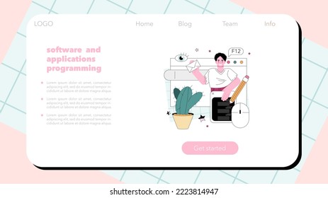 Programming web banner or landing page. Coding, testing and writing programs and applications. Software setup, database optimization, verification system development. Flat vector illustration