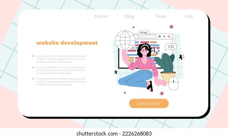Programming web banner or landing page. Idea of coding, testing and writing programs and applications. Website front end and back end development and optimization. Flat vector illustration