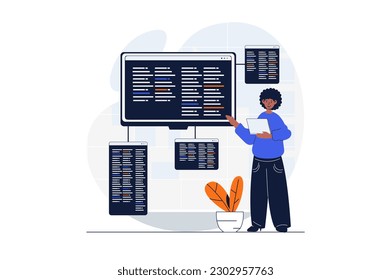 Programming web concept with character scene. Man developer coding and making program at different screens. People situation in flat design. Vector illustration for social media marketing material.