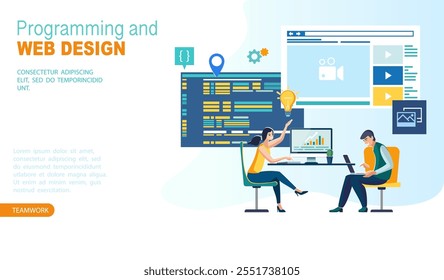 Programming and web design. Banner, businessman. Office where employees work at computers. Business people. Business presentation. Teamwork, monitor, digital market analysis, design. Vector extensions