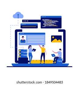 Programming and web design concept with character. Developer team coding computer software, multiplatform app, UX and UI. Modern flat style for landing page, mobile app, infographics, hero images.