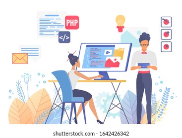 Programming and web design flat vector illustration. UX and UI coding. Responsive interface development. Coding computer software. Multiplatform app. Developer team cartoon characters