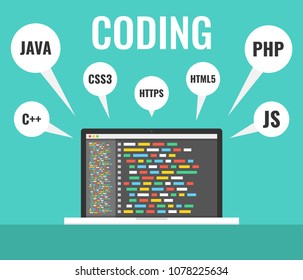 Programming, web development concept. Code on the screen computer. Work place. Vector illustration.