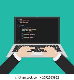 Programming, web development concept. Code on the screen laptop. Flat vector illustration.