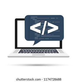 Programming, web development concept. Code on the screen laptop. Vector stock illustration.