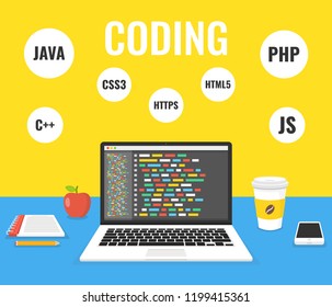 Programming, web development concept. Code on the screen laptop. Work place. Vector illustration.