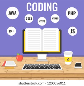Programming, web development concept. Code on the screen computer. Work place. Vector illustration.