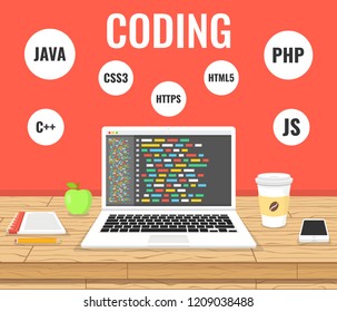 Programming, web development concept. Code on the screen laptop. Work place. Vector illustration.