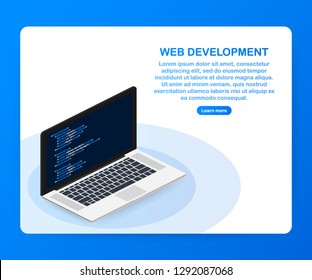 Programming, web development concept. Code on the screen laptop. Vector stock illustration.