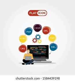 Programming, web development concept. Code on the screen laptop. Vector illustration.