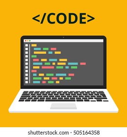 Programming, web development concept. Code on the screen laptop. Flat vector illustration.