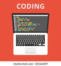 Programming, web development concept. Code on the screen laptop. Flat vector illustration.