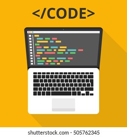 Programming, web development concept. Code on the screen laptop. Flat vector illustration.
