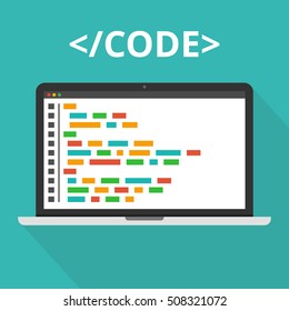 Programming, web development concept. Code on the screen laptop. Flat vector illustration.