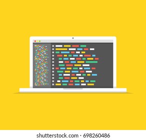 Programming, web development concept. Code on the screen laptop. Flat vector illustration.