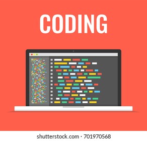 Programming, web development concept. Code on the screen laptop. Flat vector illustration.
