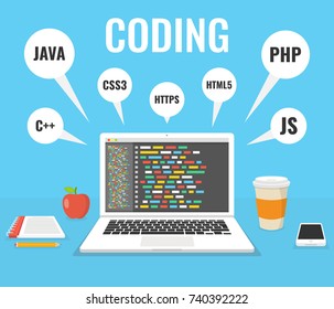 Programming, web development concept. Code on the screen laptop. Work place. Vector illustration.
