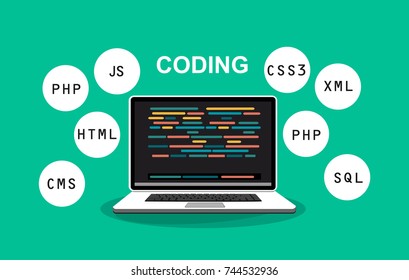 Programming, web development concept. Code on the screen laptop. Vector illustration.