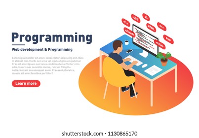 Programming and web development concept. Programmer is working on computer. Developer and modern workplace in isometric projection. Landing page template. Vector